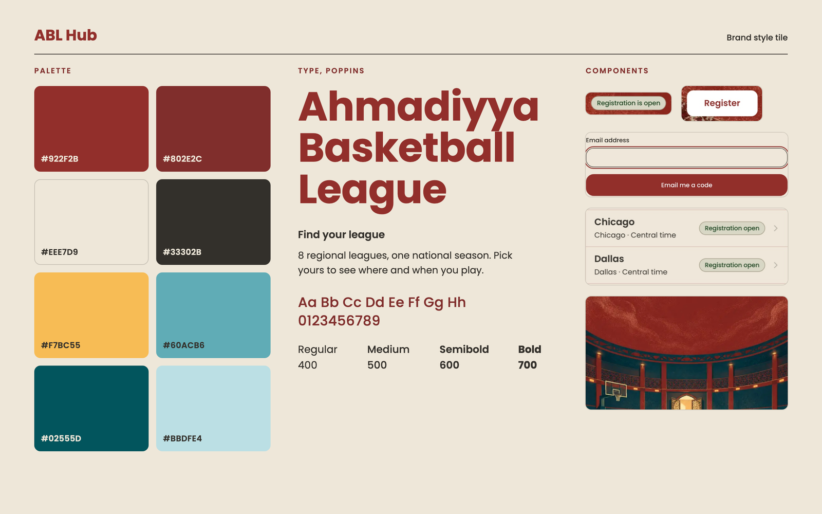 Style tiles for ABL Hub: the MIST palette of brick, dark brick, cream, ink, gold and teals; the Poppins type specimen; button, chip and form field samples on a cream canvas