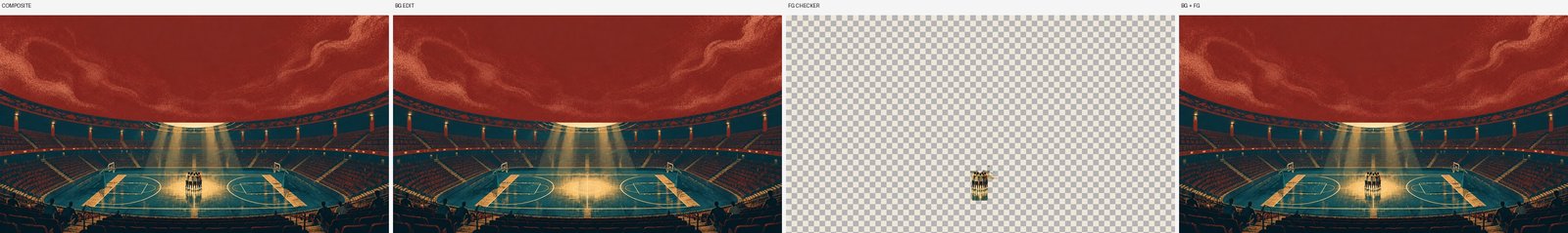 Four panels of the same stadium scene: the full composite with a small huddle on the court, the same scene with the huddle edited out, the huddle cut out on a checkerboard, and the two recombined