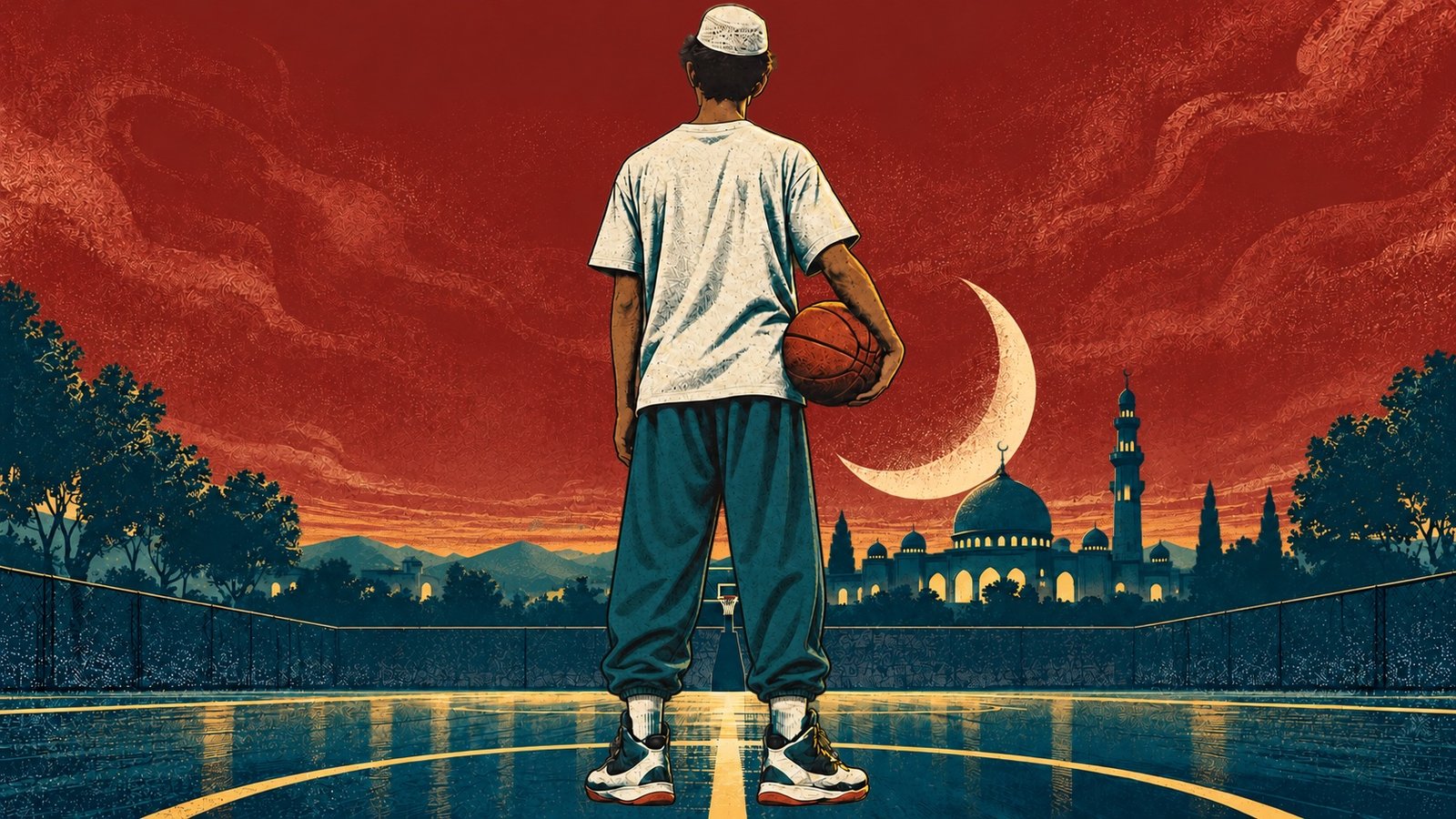 A teenager seen from behind in a white kufi and loose trousers, a basketball under one arm, standing on a wet outdoor court at dusk. A crescent moon and a domed mosque with a minaret sit on the horizon under a red sky of stippled smoke.