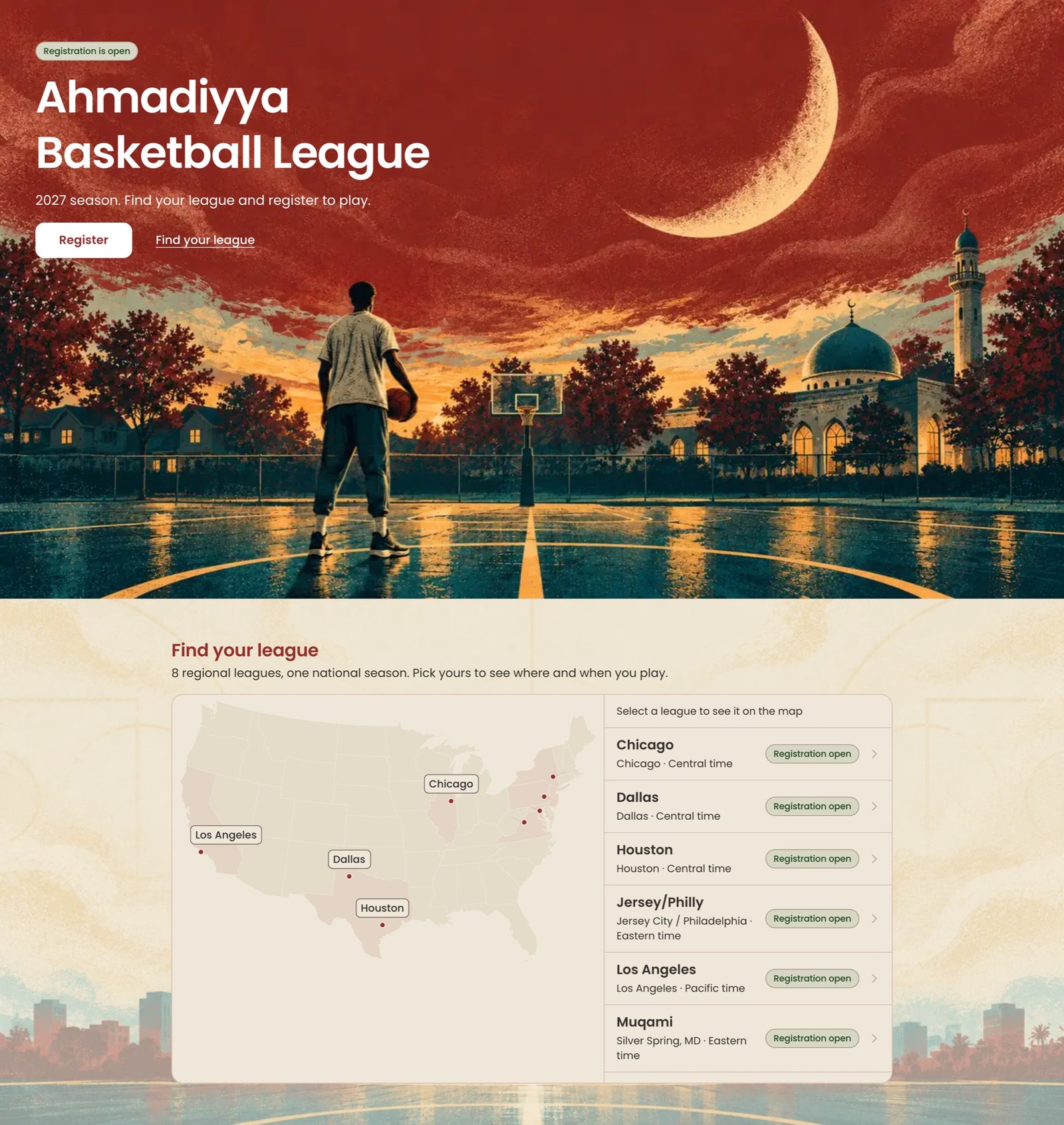 The ABL Hub landing page at desktop width: the illustrated hero reads Ahmadiyya Basketball League, with Register and Find your league actions, above a Find your league section with a map of the United States, its league states shaded and pins for Chicago, Los Angeles, Dallas, Houston and the East Coast leagues, beside a list of regional leagues marked Registration open