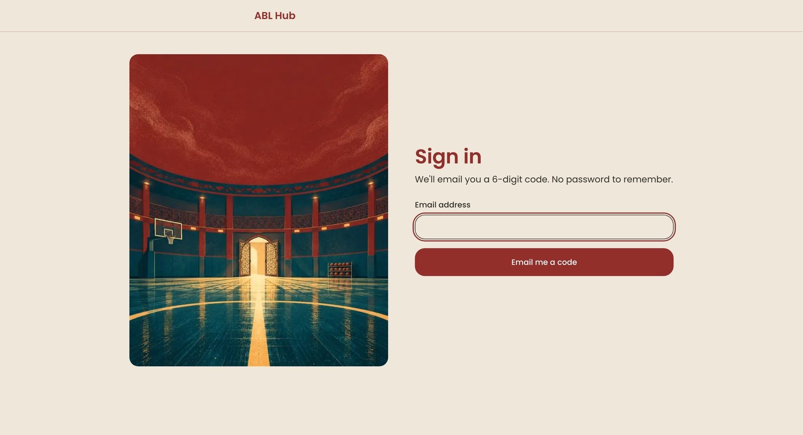 The ABL Hub sign-in page: an illustration of a mosque gym with arched doors ajar beside a Sign in heading, an email field, and an Email me a code button, with the ABL Hub text wordmark in the header
