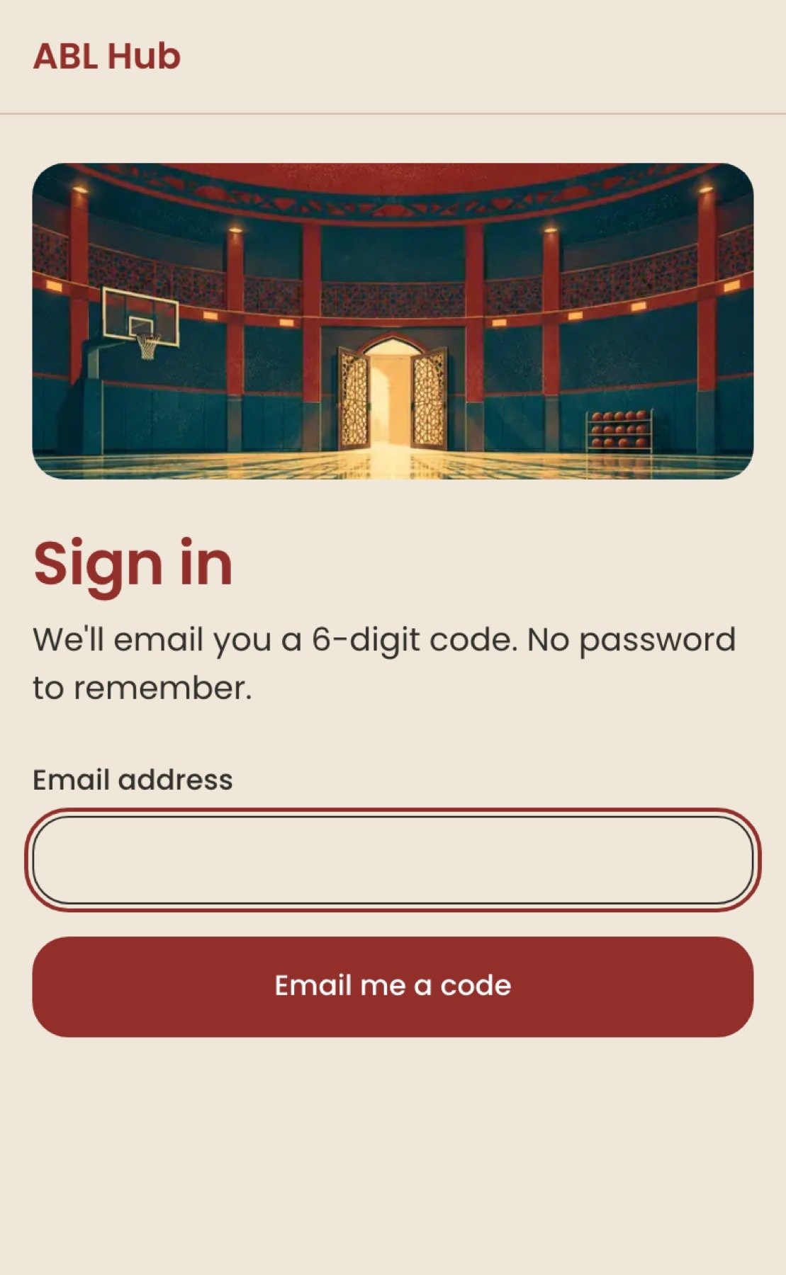 The sign-in page at phone width, with the gym illustration above the email field and button