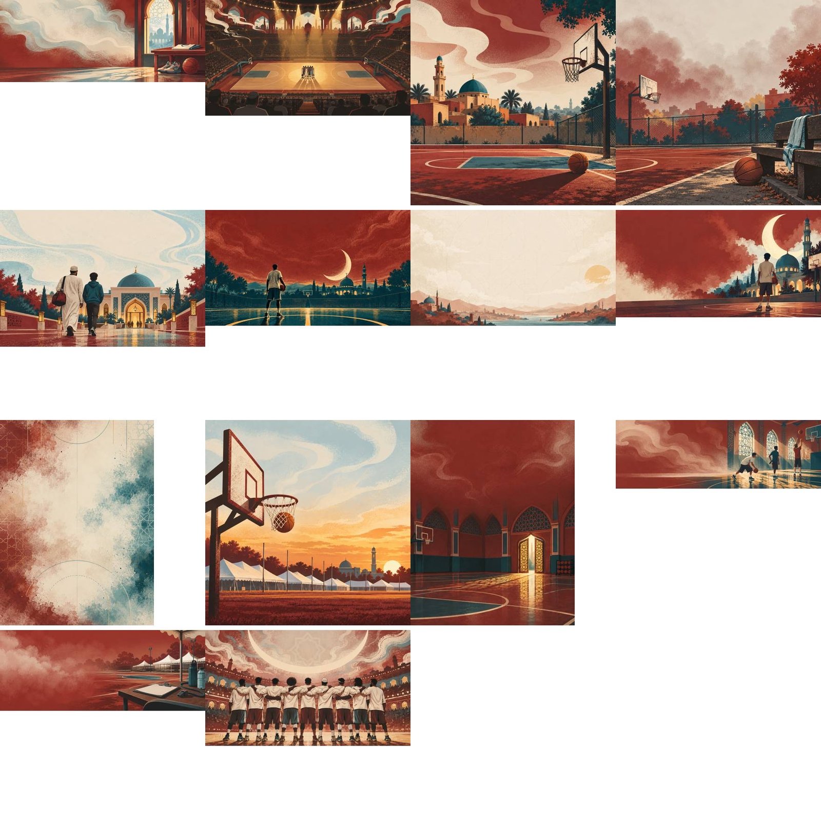 A contact sheet of fourteen scenes from the second round of the ABL illustration set, in red, cream and teal: a locker bench under an arched window, a stadium with a small huddle, a court beside a domed building with palm trees, a neighborhood court, a father and son walking toward a mosque, a lone player under a crescent moon, and others