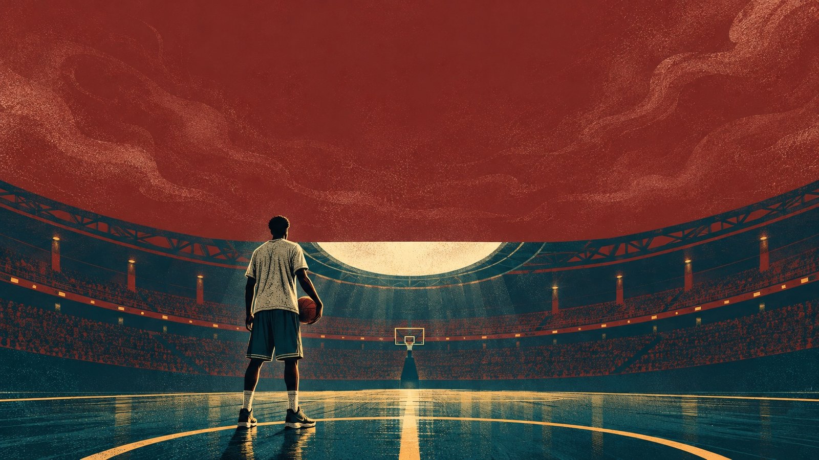 A basketball player seen from behind at center court of a vast arena under a red sky of stippled smoke, with a pale oval skylight and tiers of seats around him