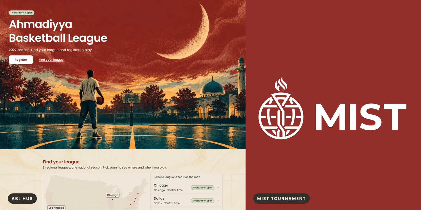 Side by side, an ABL Hub screen and the MIST crest on MIST red, using the same palette and type, with the crest present only on the tournament side