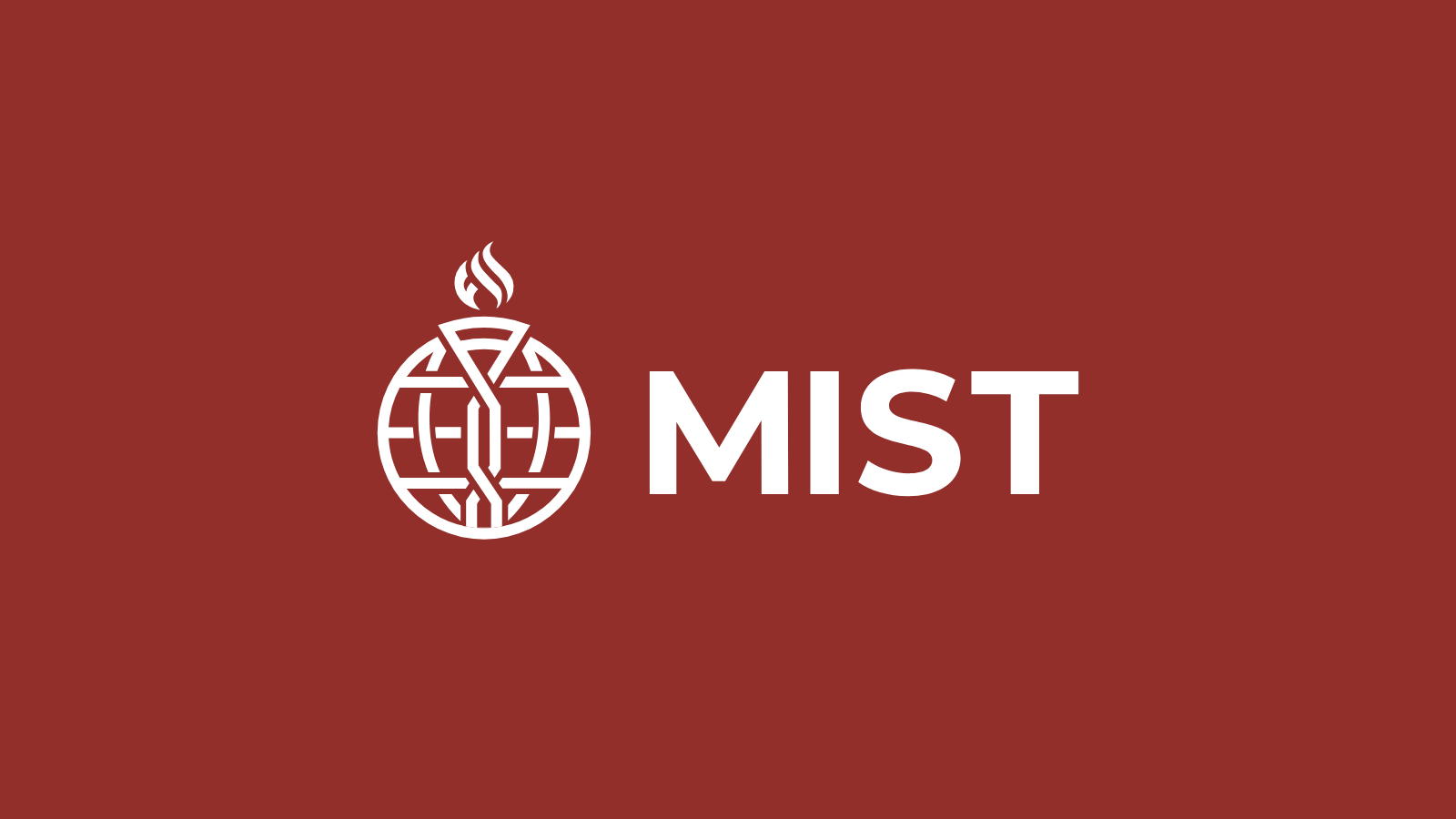 The MIST crest, a globe with a torch flame, and the MIST wordmark in white on the MIST red background