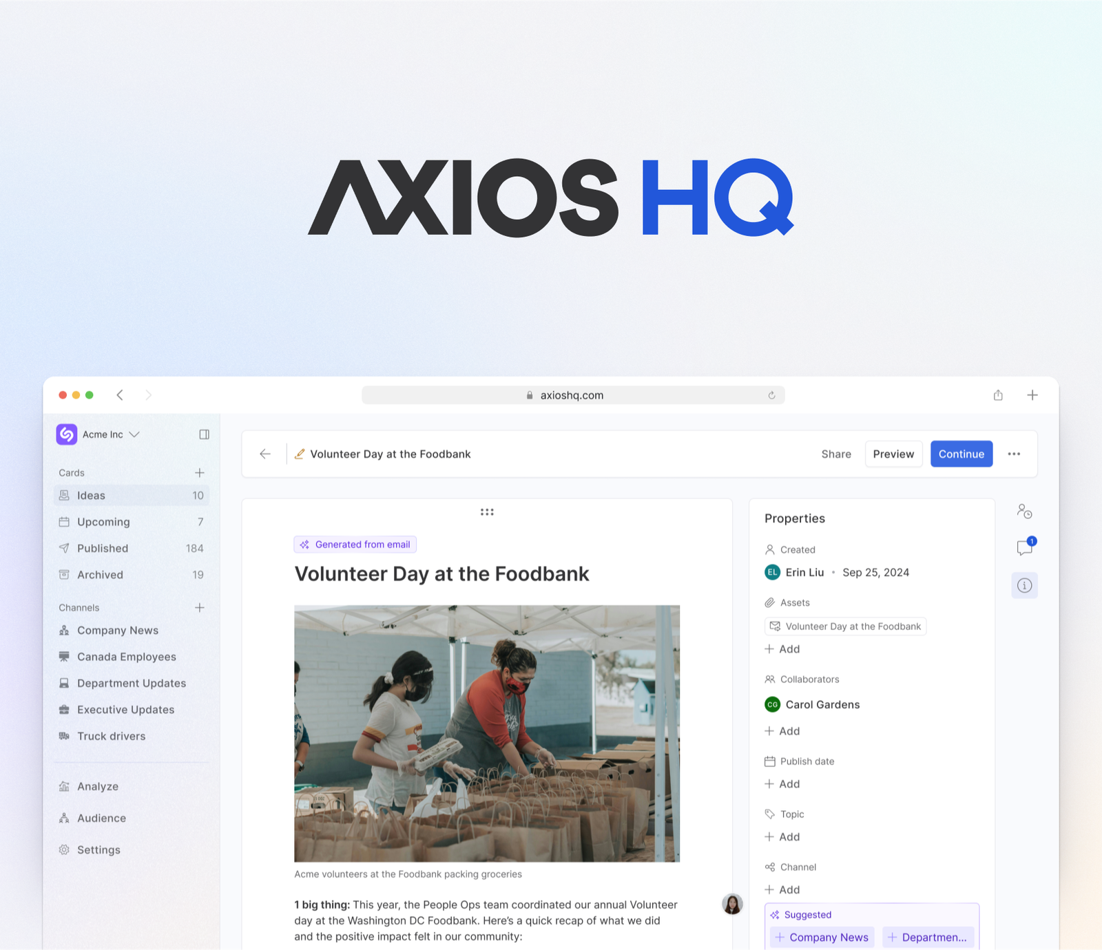 Axios HQ v3 editor showing a planning document with hero photo, left navigation rail, and metadata column