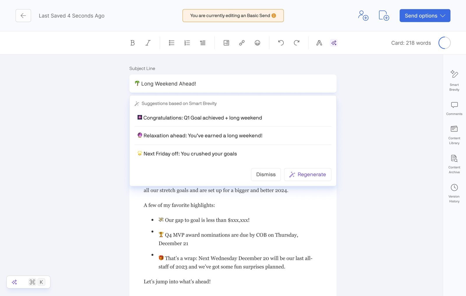 Axios HQ editor showing the Smart Brevity AI panel with three subject-line suggestions