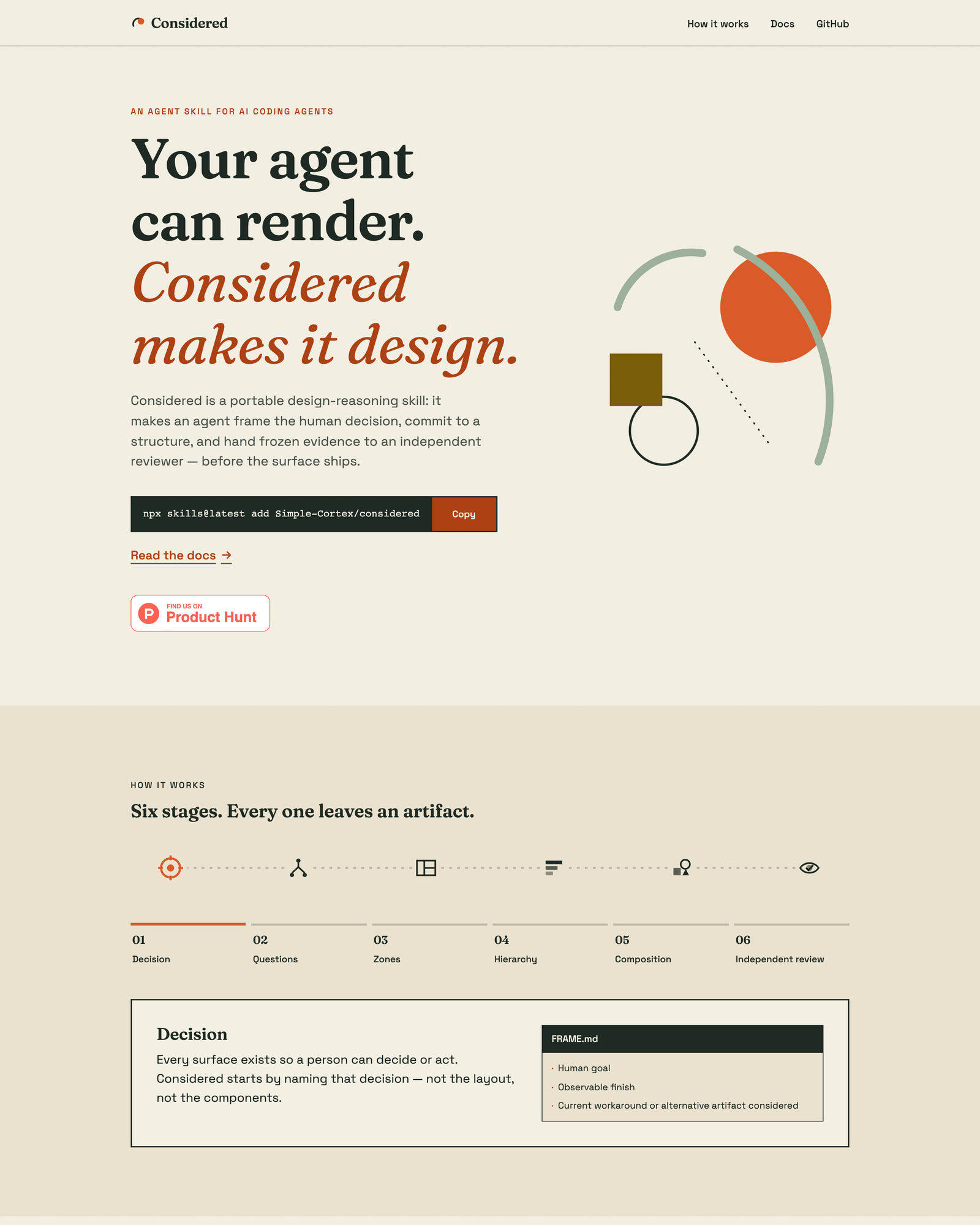 The consider.style home page at desktop width. The headline reads Your agent can render. Considered makes it design.
