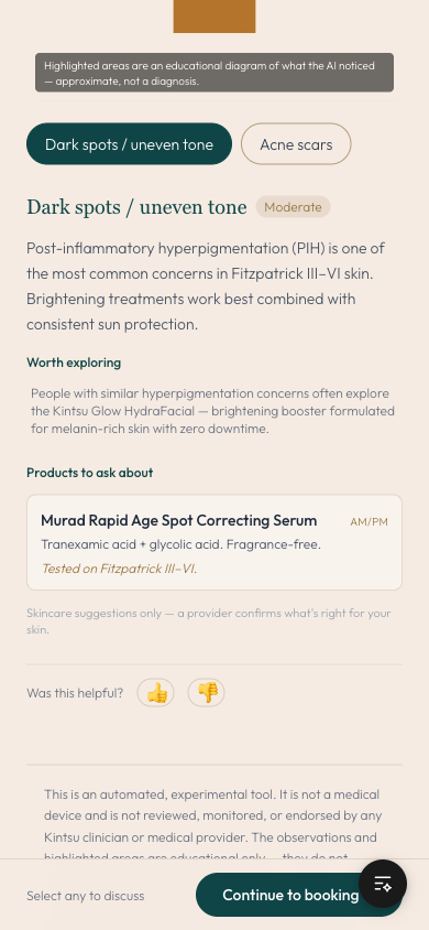 Mobile view of the consultation step showing the Dark spots tab with Moderate badge, PIH educational copy, a recommendation paragraph, a product card with AM/PM label and Tested on Fitzpatrick III-VI italic note, a Was this helpful widget, and the sticky Continue to booking footer