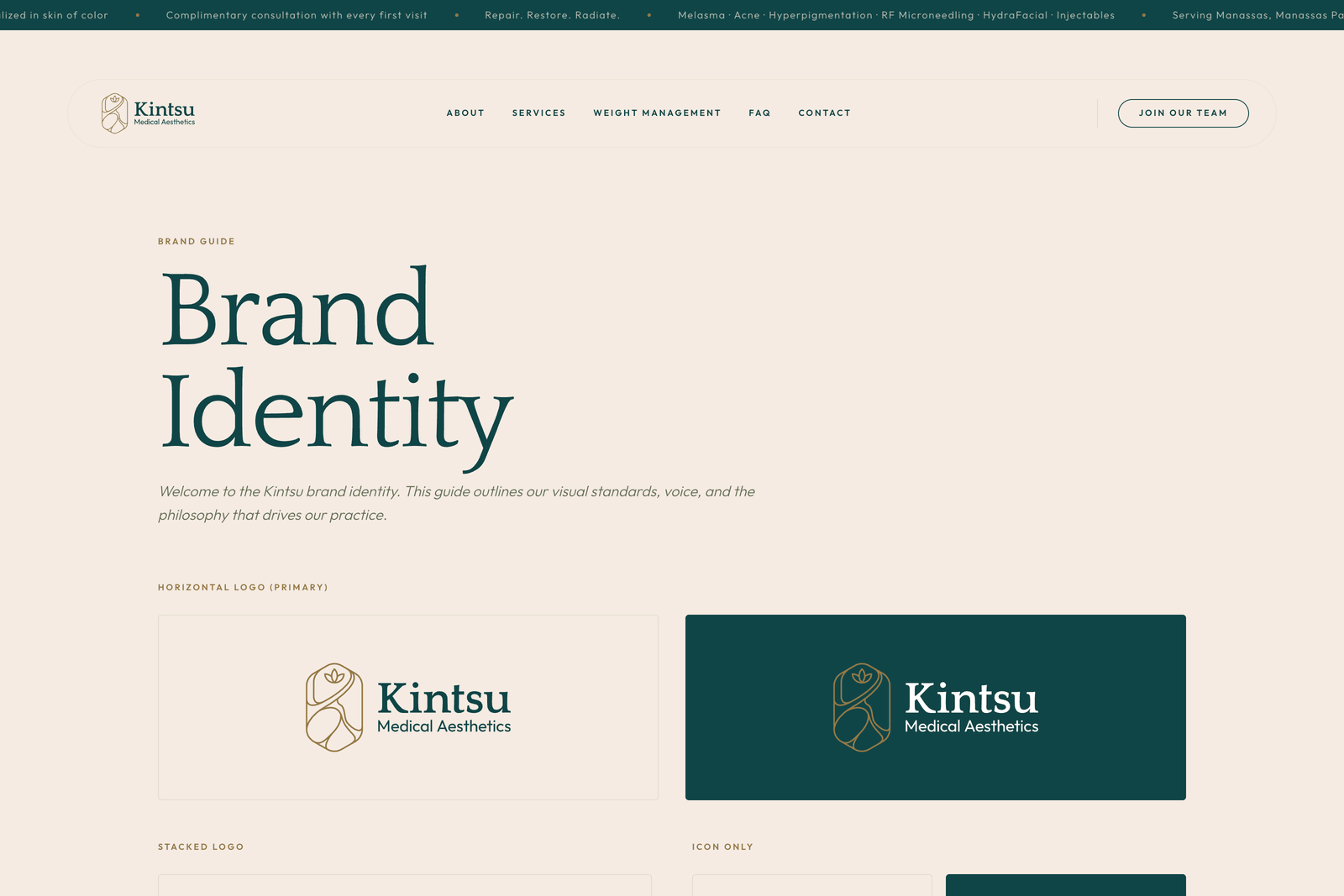 The Kintsu Brand Identity page from kintsuaesthetics.com. Top ticker bar in deep teal scrolls clinical claims, then large serif Brand Identity heading, then the horizontal Kintsu Medical Aesthetics logo shown on a light cream surface and on a deep teal surface