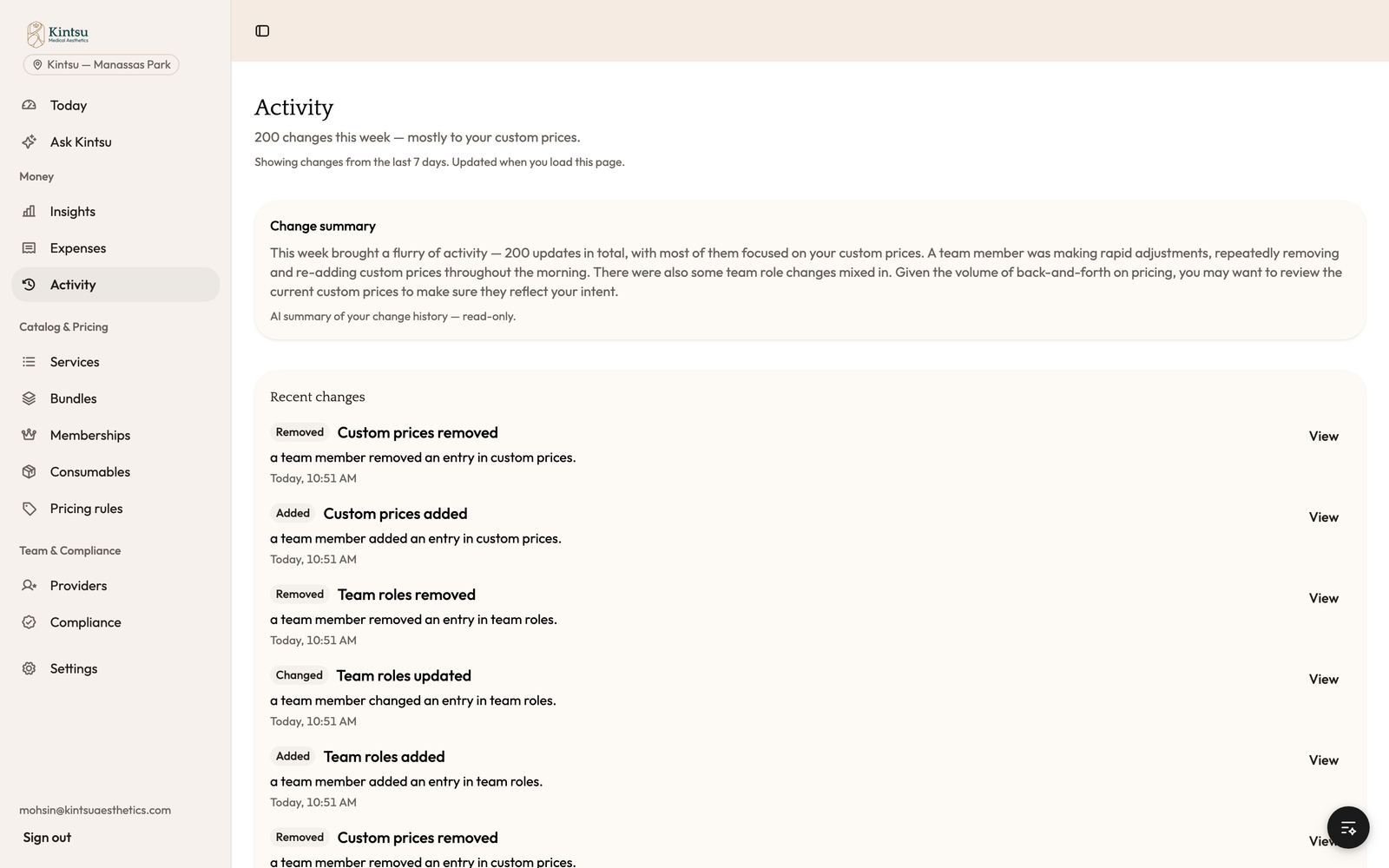 The Kintsu Portal Today cockpit: a Needs your attention panel flagging two required documents to acknowledge, an AI Morning brief summarizing the day, KPI cards reading 69 active services, 66 percent average net margin, 43 services with custom prices, and 0 price mismatches, and a Pricing anomalies panel below