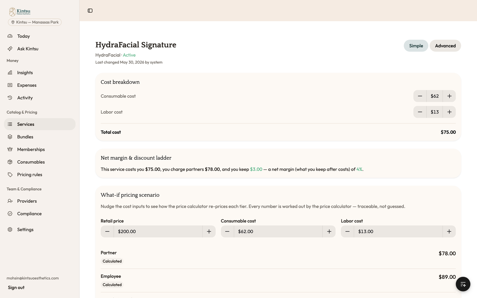 The HydraFacial Signature service detail: a cost breakdown of consumable and labor cost totaling 75 dollars, a net margin and discount ladder line, and a what-if pricing scenario with retail, consumable, and labor inputs producing calculated partner and employee tier prices