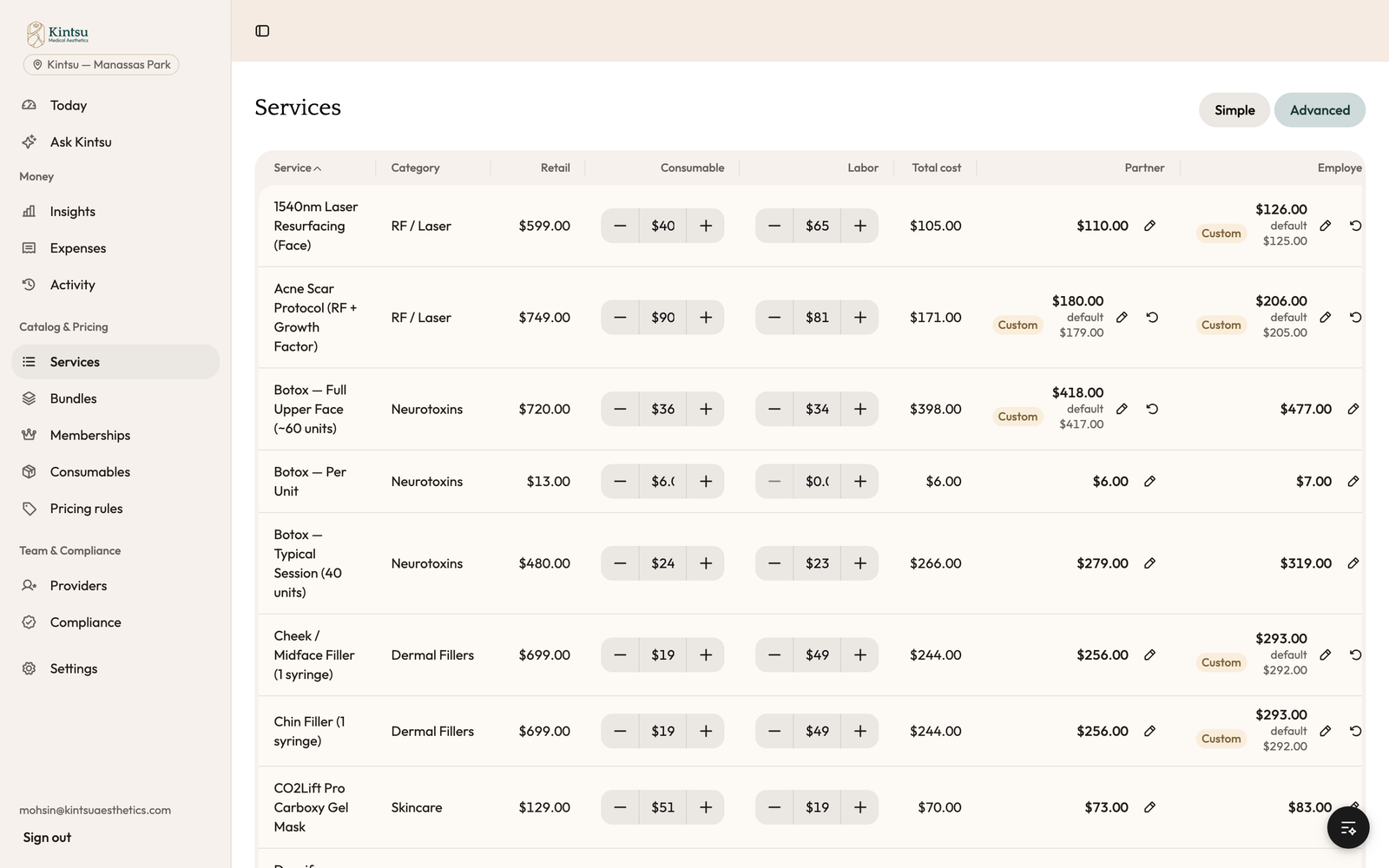 The Services pricing grid with per-service retail, consumable, labor, and total cost columns plus partner and employee tier prices, several rows carrying custom override badges next to the calculated default price