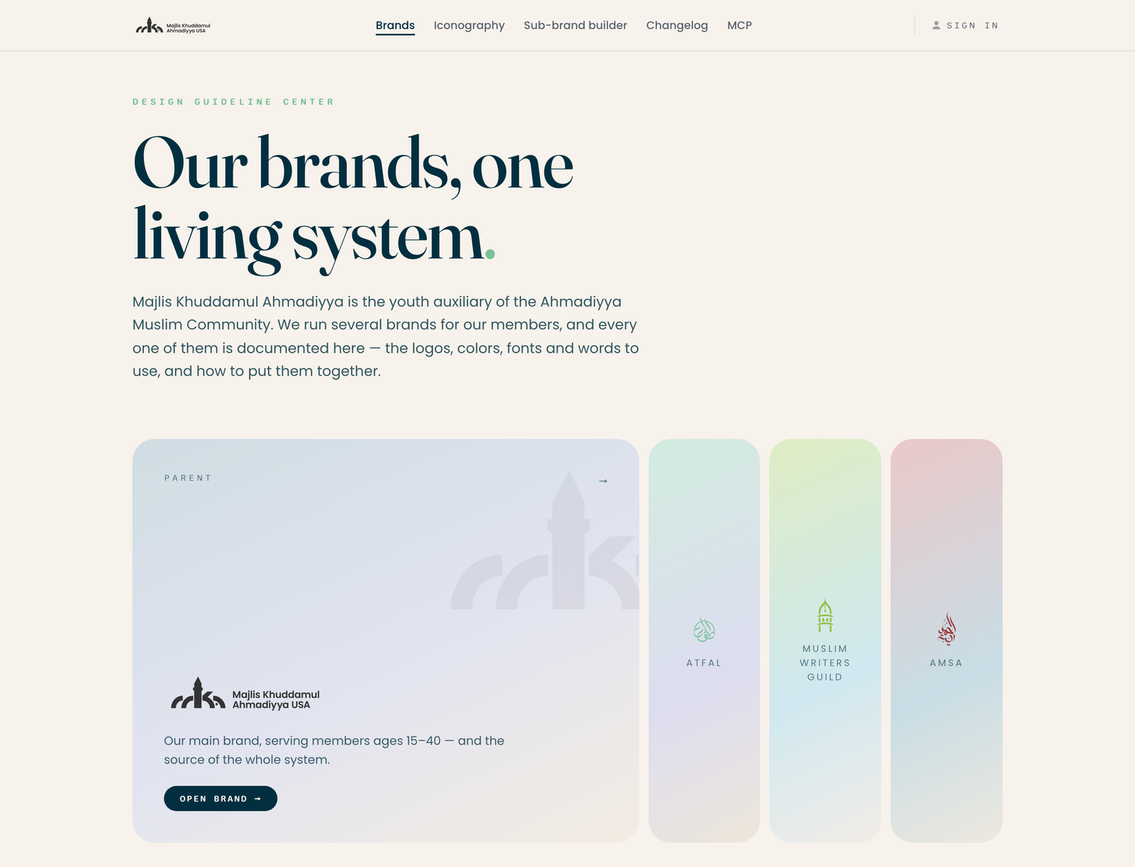 The MKA USA Brand Center index at mkausa.design, with every brand listed and grouped by tier.