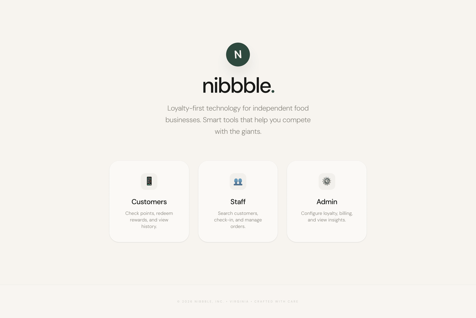 Public app surface for Nibbble showing the round green N badge, the wordmark nibbble., the subhead Loyalty-first technology for independent food businesses, and three feature cards labeled Customers, Staff, and Admin with phone, people, and gear icons