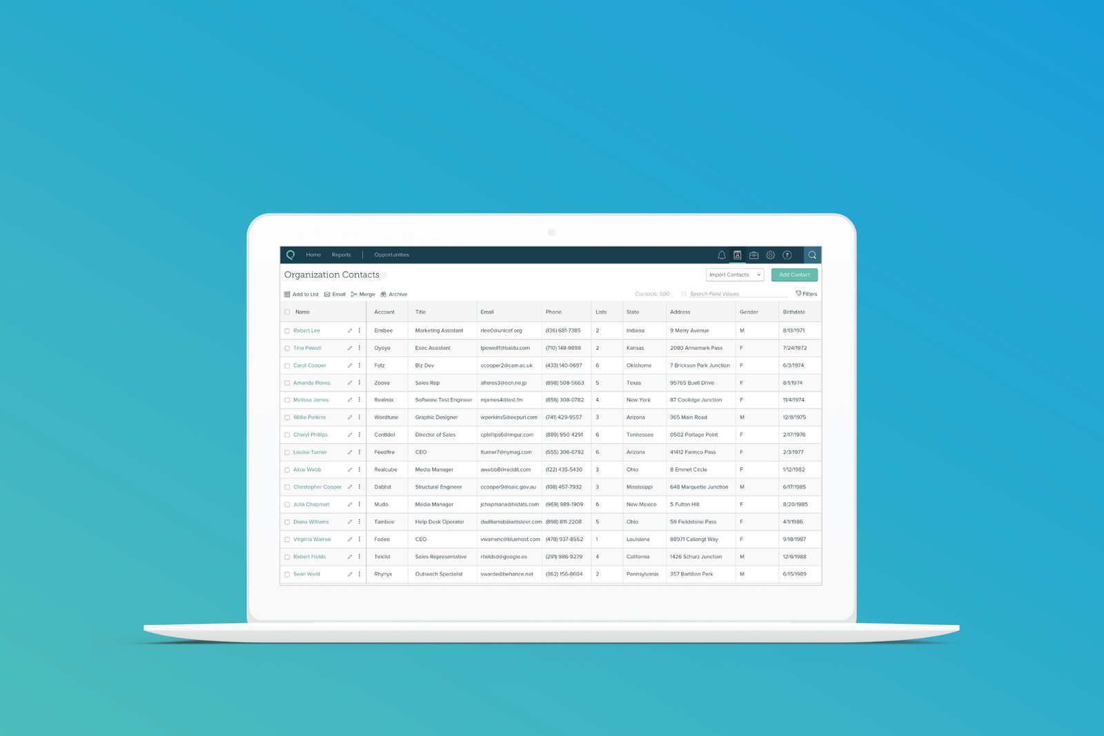 SalesforceIQ Contact Gallery after the redesign. A laptop-framed Organization Contacts table with sortable columns for Name, Account, Title, Email, Phone, Lists, State, Address, Gender, and Birthdate, on a teal gradient background
