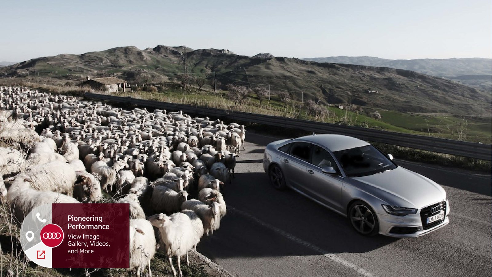 Samsung Ads interactive smart-TV ad creative for Audi: a silver Audi RS6 stopped on a country road as a flock of sheep crosses, with an in-image Pioneering Performance call-to-action panel offering View Image Gallery, Videos, and More