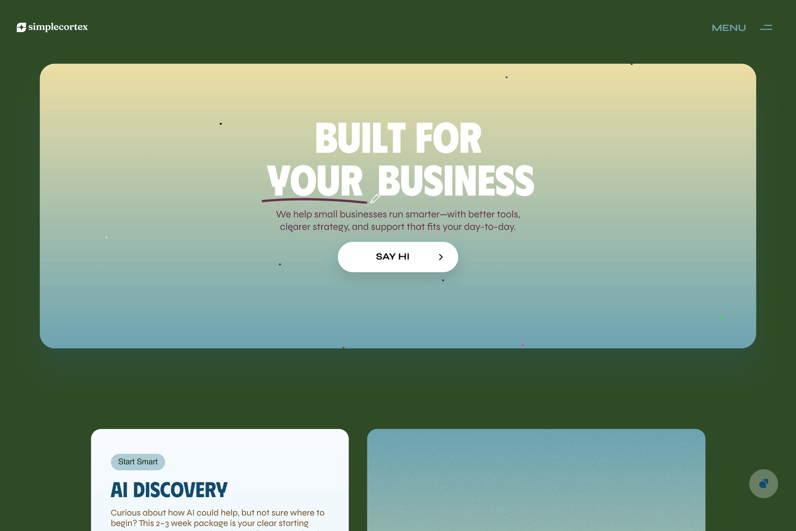 Simple Cortex homepage hero on a dusty mauve background: large condensed-display headline reading BETTER SYSTEMS BETTER BUSINESS., body copy We help small businesses improve operations, reduce inefficiencies, modernize their systems, and adopt the right technology without unnecessary complexity, and a logo strip We've helped amazing companies like Microsoft, Samsung, Salesforce, Verizon