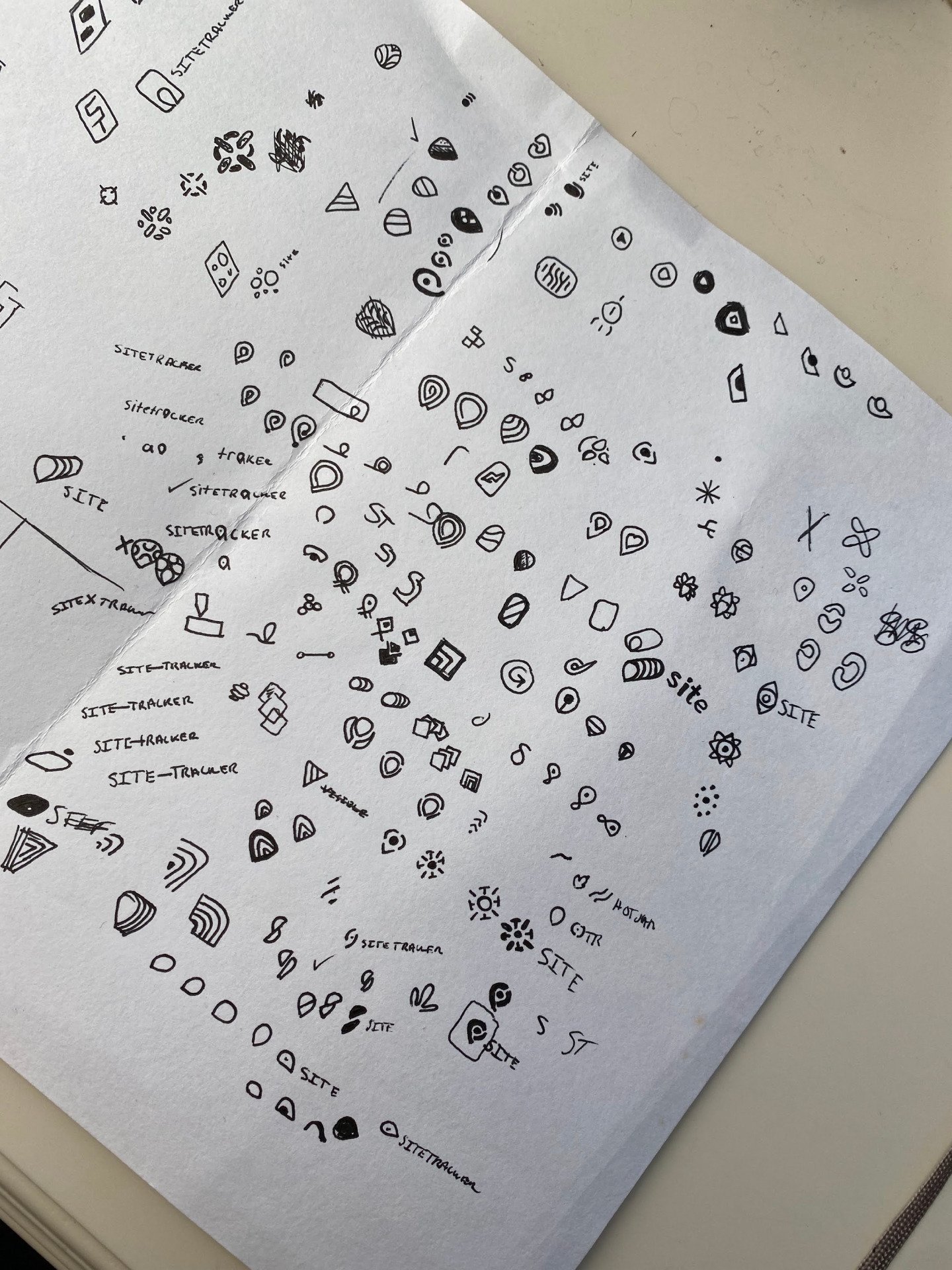 Open black ink sketchbook spread densely packed with hundreds of small logo-mark and wordmark explorations for Sitetracker